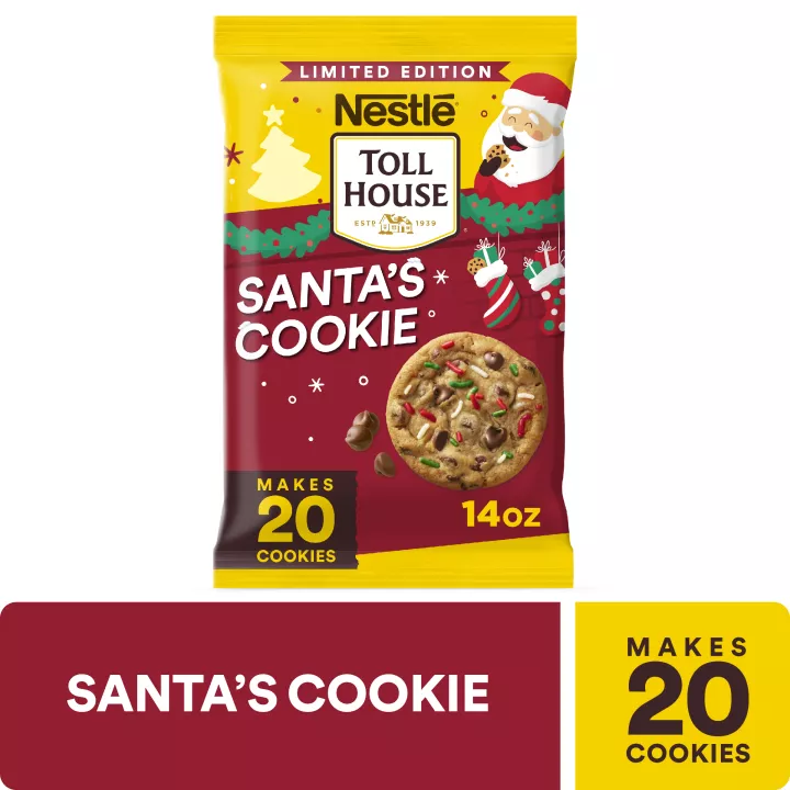 Package of Santa’s Cookie cookie dough with illustrations of Santa, stockings, and a plate of cookies & milk.