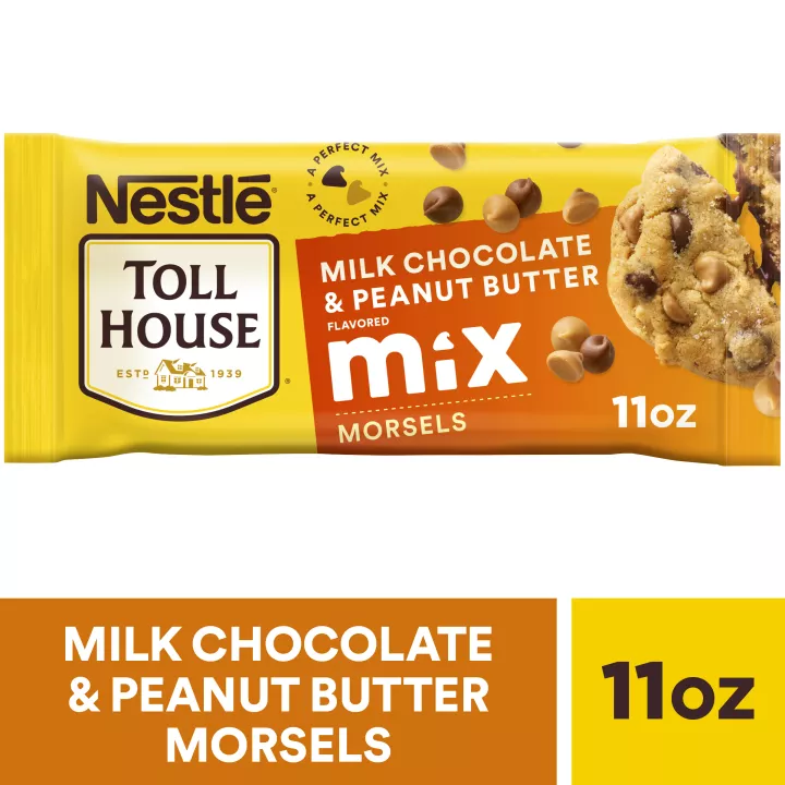 A yellow bag of peanut butter flavored & milk chocolate morsels with an orange label and a melty cookie.