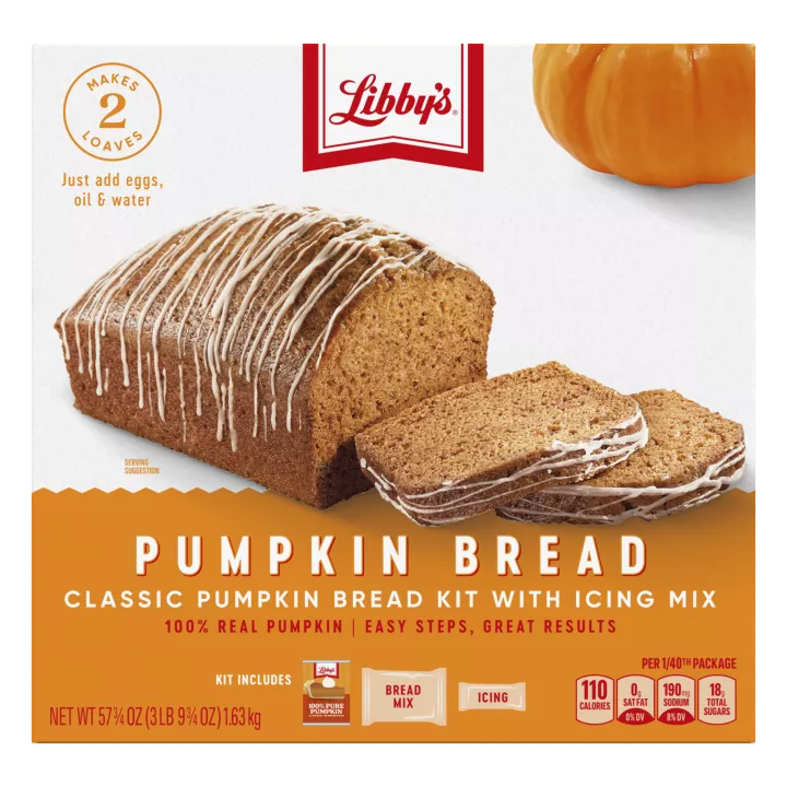 Front Center view of LIBBY'S Classic Pumpkin Bread Kit with Icing Mix 57.75 oz Single Carton NET WT 57 3/4 OZ (3 lb 9 3/4 OZ) 1.63 kg product.