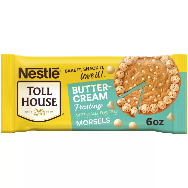 Front Center view of NESTLÉ® TOLL HOUSE® Buttercream Frosting Artificially Flavored Morsels, 6 oz. Bag NET WT 6oz (170 g) product.
