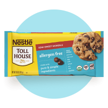 A package of Semi-Sweet Allergen Free Morsels on a light blue circle.