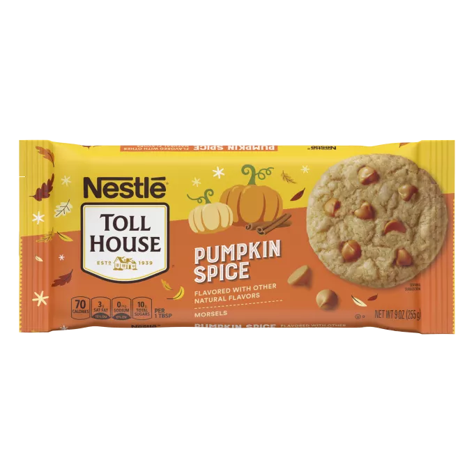 Vista frontal centrada de bolsa de 9 onzas de Pumpkin Spice Morsels de TOLL HOUSE con peso neto de 9oz (255g).