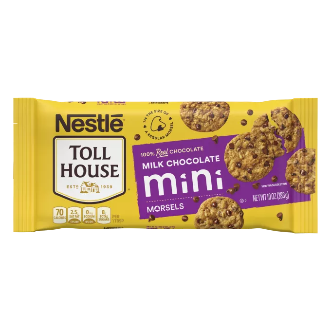 Vista frontal central de TOLL HOUSE Milk Chocolate Mini Everyday Rainforest Alliance Bolsa de 10 oz Peso neto 10 oz (283g).