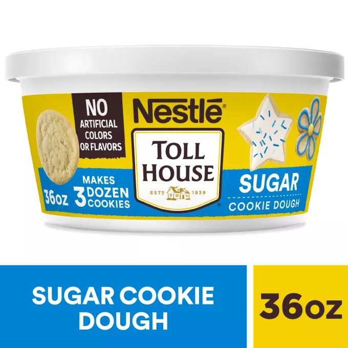 Front Center view of NESTLÉ TOLL HOUSE Sugar Cookie Dough 36oz Tub NET WT 36 oz (2 lb 4 oz) 1.02 kg product.