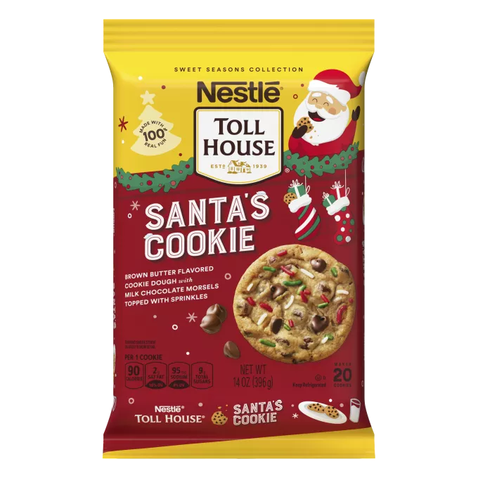 Paquete de masa de galletas Santa's Cookie con imágenes de Santa, botas navideñas, un plato de galletas y un vaso de leche.