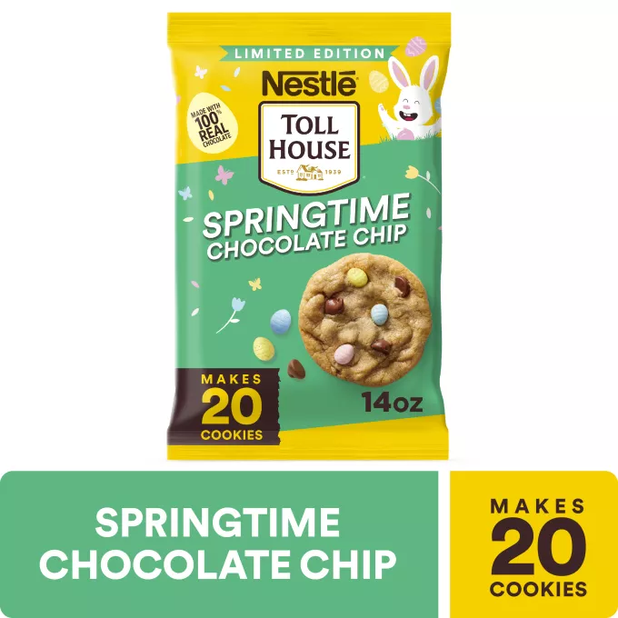 Front Center view of NESTLÉ TOLL HOUSE Springtime Chocolate Chip Cookie Dough with Egg Sprinkles 14oz Pack NET WT 14 oz (396 g) product.