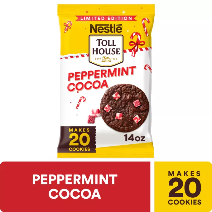 Front Center view of NESTLE TOLL HOUSE Cookie Dough Peppermint Cocoa NET WT 14 OZ (396 g) product.