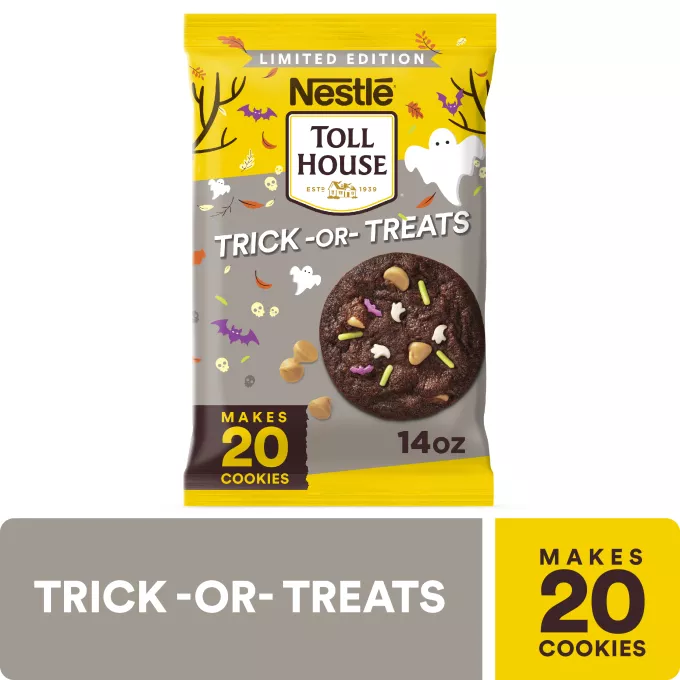 Front Center view of TOLL HOUSE Trick or Treats Refrigerated Cookie Dough 14oz Bar NET WT 14 OZ (396 g) product.