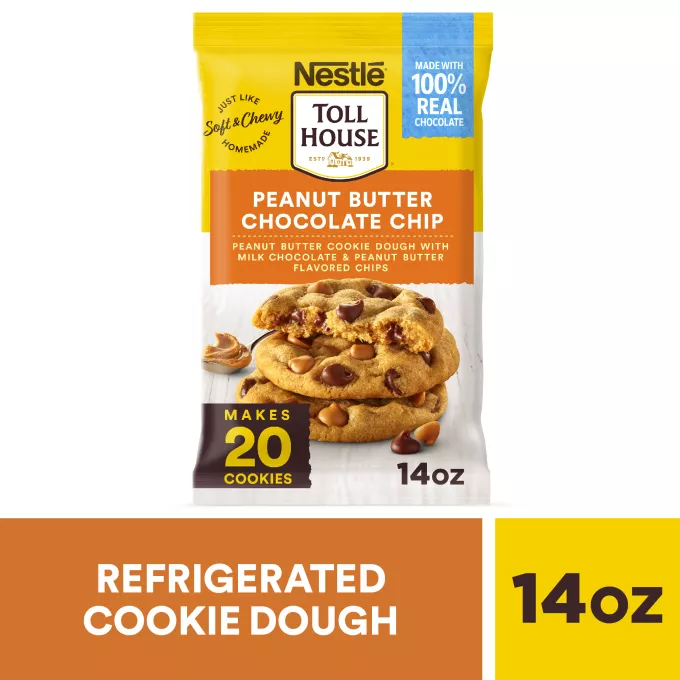 Front Center view of NESTLÉ TOLL HOUSE Peanut Butter Chocolate Chip Peanut Butter Cookie Dough with Milk Chocolate & Peanut Butter Flavored Chips 14oz Pack NET WT 14 OZ (396 g) product.