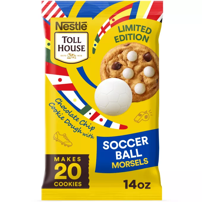 Front Center view of TOLL HOUSE Refrigerated Cookie Dough Soccer Morsel Chocolate Chip Bar 14oz NET WT 14 OZ (396g) product.
