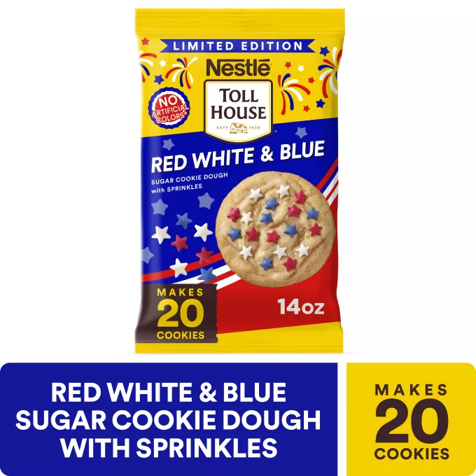 Front Center view of NESTLÉ TOLL HOUSE Red White & Blue Sugar Cookie Dough with Sprinkles 14oz Pack NET WT 14 OZ (396g) product.