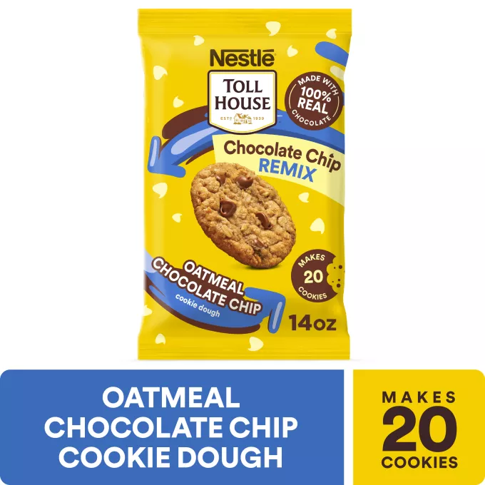 Front Center view of NESTLÉ TOLL HOUSE Oatmeal Chocolate Chip Cookie Dough 14oz Pack NET WT 14 OZ (396g) product.