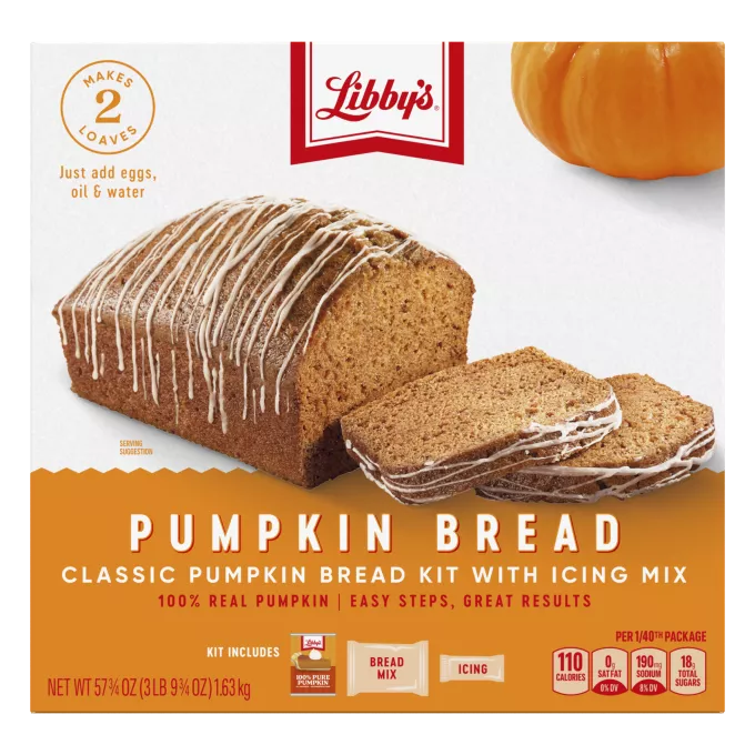 Vista frontal centrada del de kit para pan de calabaza Classic Pumpkin Bread Kit with Icing de LIBBY'S® en caja individual con peso neto de 3 lb 9 3/4 oz (1.63 kg).