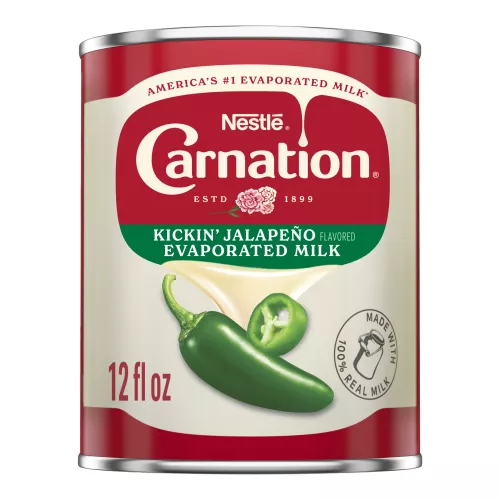 Front Center view of NESTLE CARNATION Evaporated Milk Jalapeno Flavor 12floz Can NET 12 fl oz (354 mL) product.