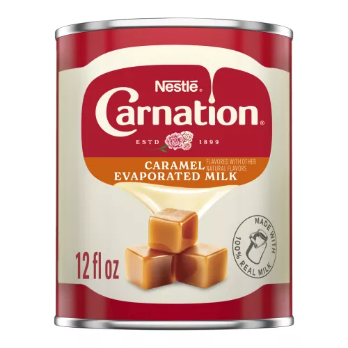 Front Center view of CARNATION Evaporated Milk Caramel 12floz can NET 12 fl oz (354 mL) product.