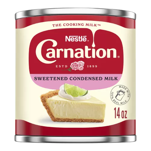 Vista frontal centrada de Leche condensada azucarada Carnation 14oz con PESO NETO de 14oz (397 g).