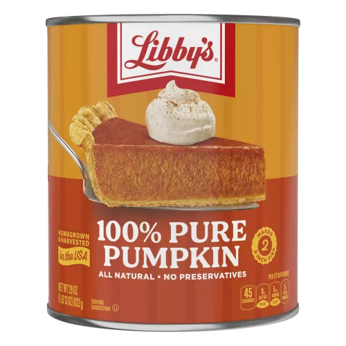 Fotografía frontal de una lata de 29 onzas de Calabaza 100% Pura Libby's. Tiene la marca Libby's y el logotipo rojo y blanco sobre el nombre del producto y una rebanada de tarta de calabaza sobre una espátula para servir plateada.
