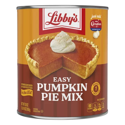 A can of Easy Pumpkin Pie Mix with a whole pumpkin pie beside a gold serving spatula.