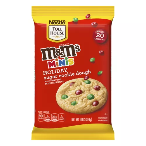 Front Center view of Nestle Toll House M&M'S Minis Holiday Refrigerated Sugar Cookie Dough NET WT 14 OZ (396 g) product.