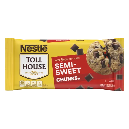 Bolsa de trocitos de chocolate semidulce con una galleta chocolatosa y trocitos de chocolate que lee deliciosos y cremosos.
