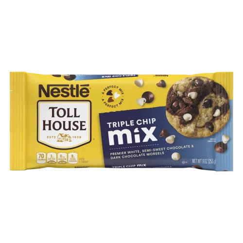 Bag of Triple Chip Mix with marble cookie and floating semi-sweet, dark chocolate and premier white morsels and A Perfect Mix badge.
