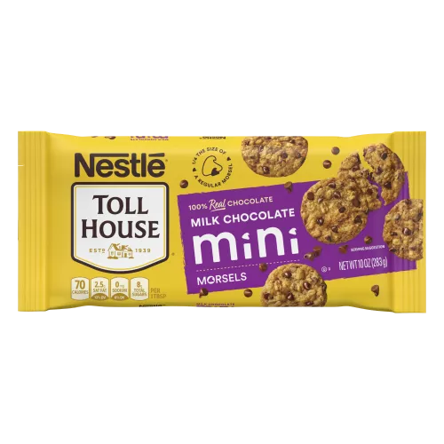 Vista frontal central de TOLL HOUSE Milk Chocolate Mini Everyday Rainforest Alliance Bolsa de 10 oz Peso neto 10 oz (283g).
