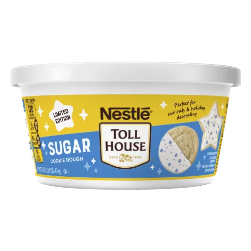 Front Center view of NESTLÉ TOLL HOUSE Sugar Cookie Dough 36oz Tub NET WT 36 oz (2 lb 4 oz) 1.02 kg product.