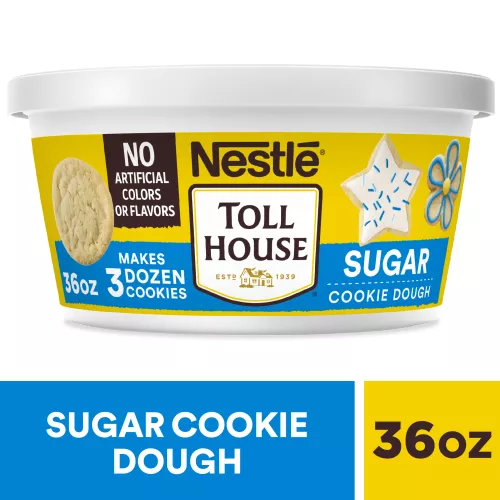 Front Center view of NESTLÉ TOLL HOUSE Sugar Cookie Dough 36oz Tub NET WT 36 oz (2 lb 4 oz) 1.02 kg product.