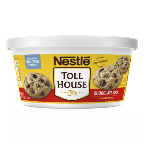 A tub of chocolate chip cookie dough with a "chocolate chip cookie dough" label and 3 chocolate chip cookies.