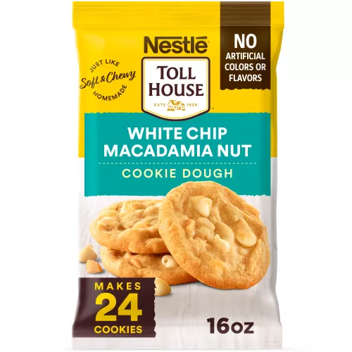 A yellow package with a teal label and 2 white chip macadamia nut cookies.