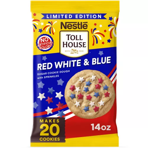 Front Center view of NESTLÉ TOLL HOUSE Red White & Blue Sugar Cookie Dough with Sprinkles 14oz Pack NET WT 14 OZ (396g) product.