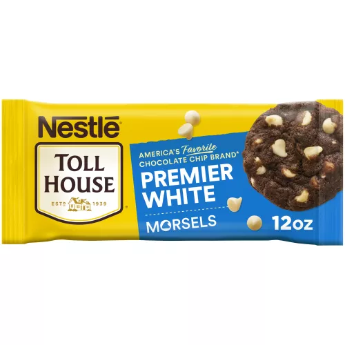 A bag of premier white morsels with a blue label and a chocolate cookie with white morsels.