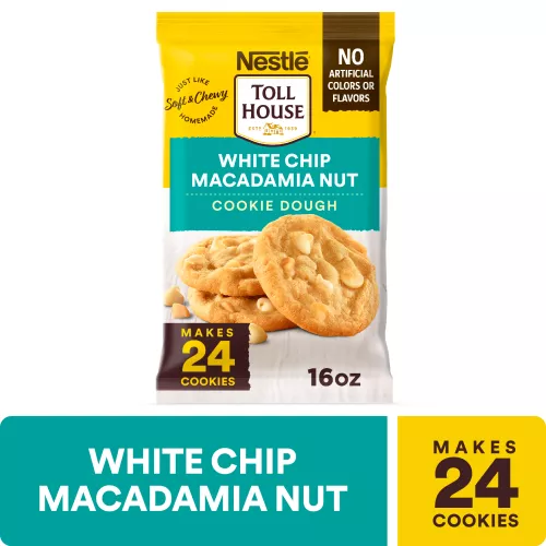 A yellow package with a teal label and 2 white chip macadamia nut cookies.