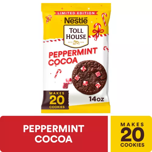 Vista frontal centrada de masa de galletas Peppermint Cocoa de Nestle de NESTLE TOLL HOUSE con PESO NETO 14oz (396g).