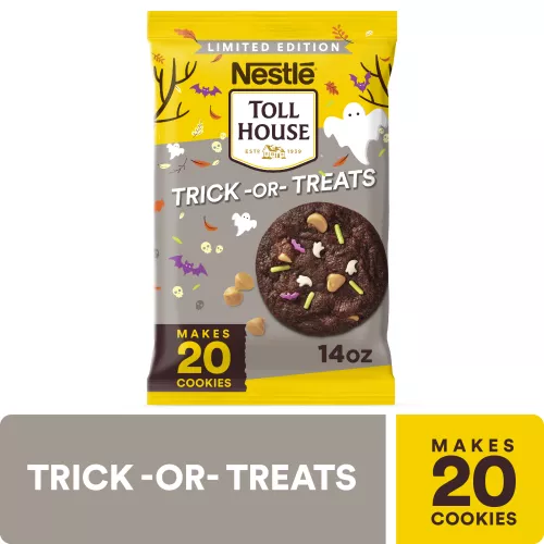 Vista frontal centrada de Trick or Treats Refrigerated Cookie Dough Bar de TOLL HOUSE 14oz con PESO NETO de 14oz (396g).