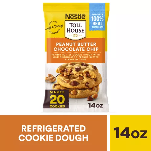 Vista frontal central de Peanut Butter Chocolate Chip Peanut Butter Cookie Dough with Milk Chocolate & Peanut Butter Flavored Chips de NESTLÉ TOLL HOUSE PESO NETO 14oz (396g).