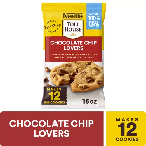 A package of chocolate chip lover cookie dough with chocolate chips and chunks with a red label and a melty cookie.