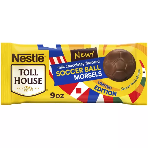 Front Center view of NESTLÉ® TOLL HOUSE® Milk Chocolatey Flavored Soccer Ball Morsels, 9 oz. Bag NET WT 9 OZ (255g) product.