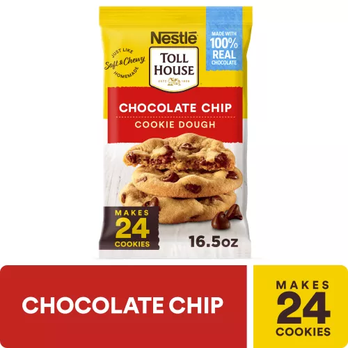 A package of chocolate chip cookie dough with a red label and 3 chocolate chip cookies.