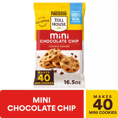 A package with a red label that reads "mini chocolate chip cookie dough" and four chocolate chip cookies.