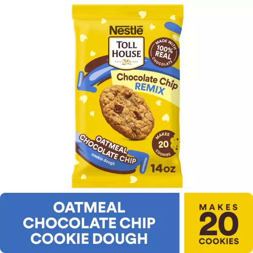 Front Center view of NESTLÉ TOLL HOUSE Oatmeal Chocolate Chip Cookie Dough 14oz Pack NET WT 14 OZ (396g) product.