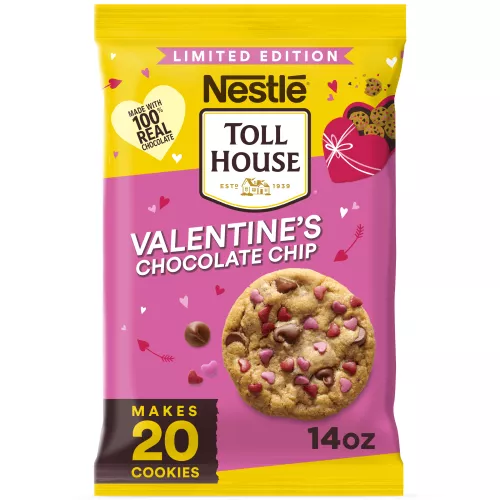 Front Center view of TOLL HOUSE Valentine Chocolate Chip Refrigerated Cookie Dough Bar 14 Ounce Bag NET WT 14 OZ (396 g) product.