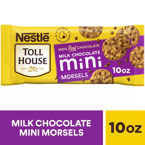 Vista frontal central de TOLL HOUSE Milk Chocolate Mini Everyday Rainforest Alliance Bolsa de 10 oz Peso neto 10 oz (283g).