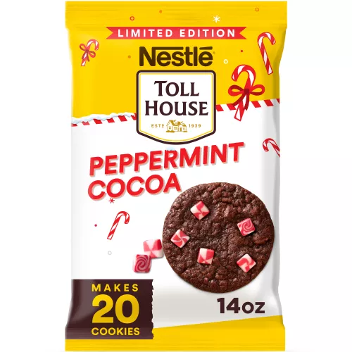 Front Center view of NESTLE TOLL HOUSE Cookie Dough Peppermint Cocoa NET WT 14 OZ (396 g) product.