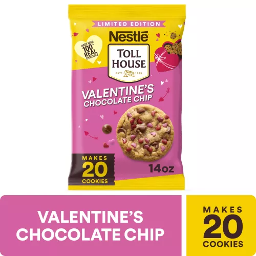 Front Center view of TOLL HOUSE Valentine Chocolate Chip Refrigerated Cookie Dough Bar 14 Ounce Bag NET WT 14 OZ (396 g) product.