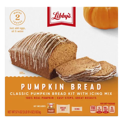 Front Center view of LIBBY'S Classic Pumpkin Bread Kit with Icing Mix 57.75 oz Single Carton NET WT 57 3/4 OZ (3 lb 9 3/4 OZ) 1.63 kg product.