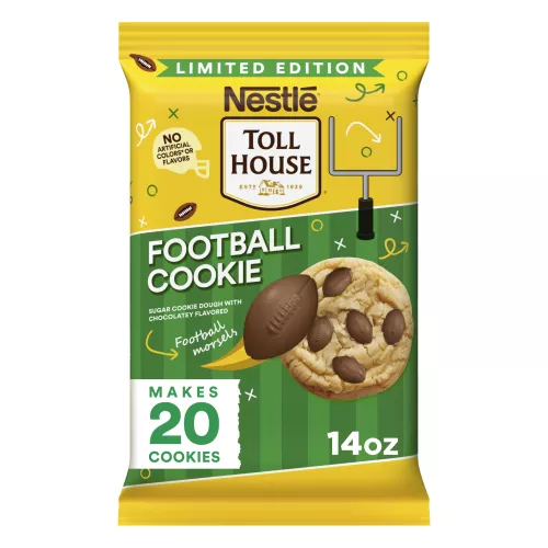 Front Center view of NESTLÉ® TOLL HOUSE® Football Cookie Sugar Cookie Dough with Chocolatey Flavored Football Morsels, 14 oz. Pack NET WT 14 OZ (396g) product.