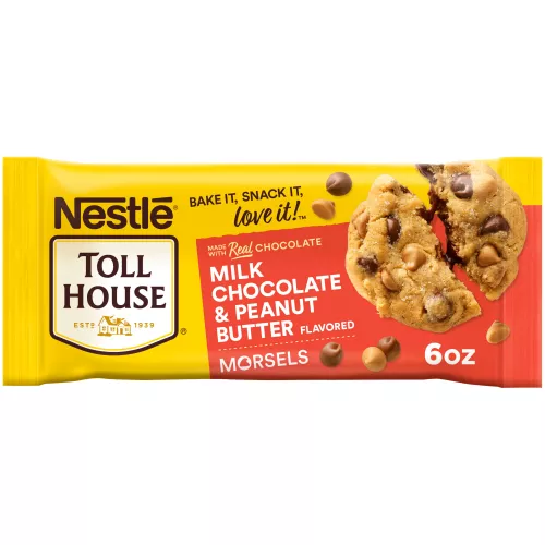 Front Center view of NESTLÉ® TOLL HOUSE® Milk Chocolate & Peanut Butter Flavored Morsels, 6 oz. Bag NET WT 6oz (170 g) product.