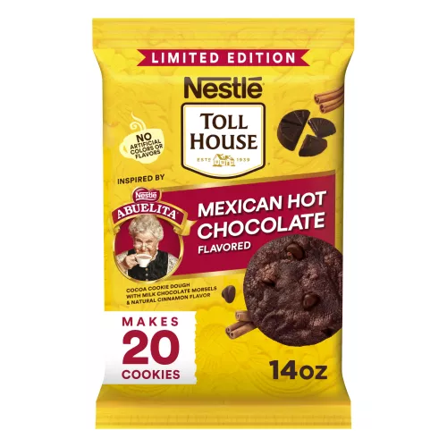 Front Center view of NESTLÉ TOLL HOUSE Inspired by NESTLÉ ABUELITA Mexican Hot Chocolate Flavored Cocoa Cookie Dough with Milk Chocolate Morsels & Natural Cinnamon Flavor 14oz Pack NET WT 14 OZ (396 g) product.