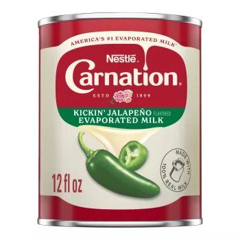 Front Center view of NESTLE CARNATION Evaporated Milk Jalapeno Flavor 12floz Can NET 12 fl oz (354 mL) product.